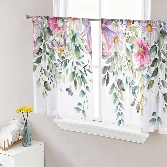 Sheer Curtains 45 Inch Length 2 Panels Set for Kitchen, Eucalyptus Flower Semi Sheer Curtains for Windows, Sage Green Botanical Boho Leaf Pink Voile Window Treatments Rod Pocket Curtain