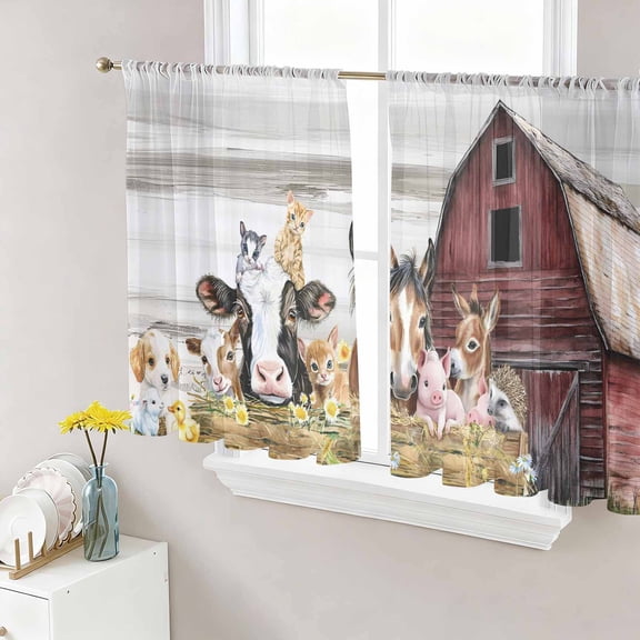 Sheer Curtains 45 Inch Length 2 Panels Set for Kitchen, Farmhouse Animals Semi Sheer Curtains for Windows, Cow Pig in Fence Retro Wood Barn Voile Window Treatments Rod Pocket Curtain
