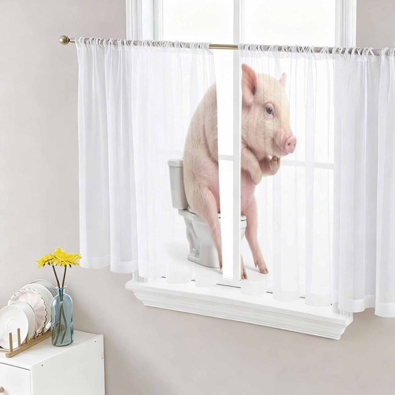Sheer Curtains 45 Inch Length 2 Panels Set for Kitchen, Funny Pig Semi Sheer Curtains for Windows, Cute Art Fun Lovely Animals on Toilets Voile Window Treatments Rod Pocket Curtain