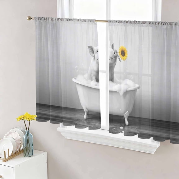 Sheer Curtains 45 Inch Length 2 Panels Set for Kitchen, Funny Pig Semi Sheer Curtains for Windows, Cute Art Vintage Lovely Animals on Bathtub Voile Window Treatments Rod Pocket Curtain
