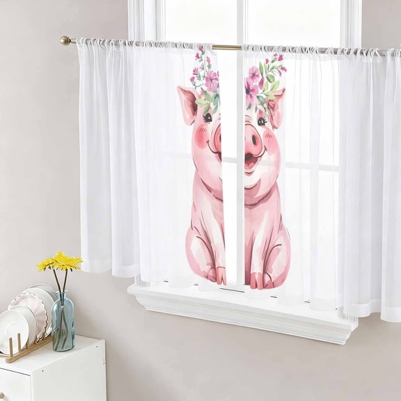 Sheer Curtains 45 Inch Length 2 Panels Set for Kitchen, Funny Pig Semi Sheer Curtains for Windows, Cute Watercolor Animals Flower Leaf Voile Window Treatments Rod Pocket Curtain