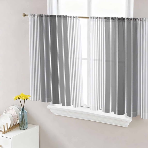 Sheer Curtains 45 Inch Length 2 Panels Set for Kitchen, Gray Vertical Stripes Semi Sheer Curtains for Windows, Retro Simple Neutral Abstract Lines Voile Window Treatments Rod Pocket Curtain