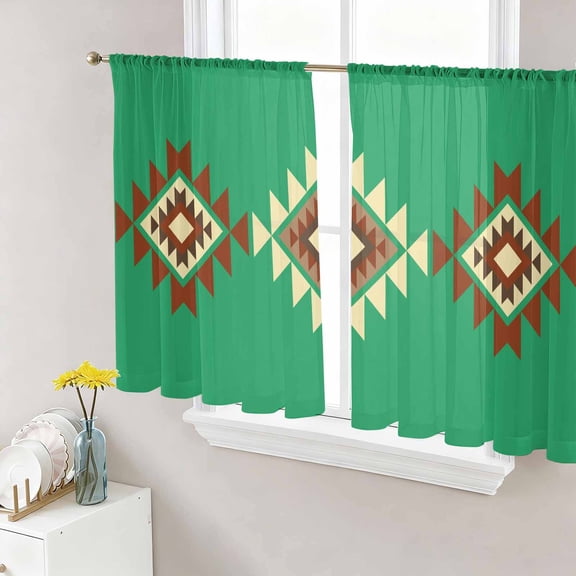 Sheer Curtains 45 Inch Length 2 Panels Set for Kitchen, Green Brown Boho Semi Sheer Curtains for Windows, Country Simple Abstract Ethnic Geometric Voile Window Treatments Rod Pocket Curtain
