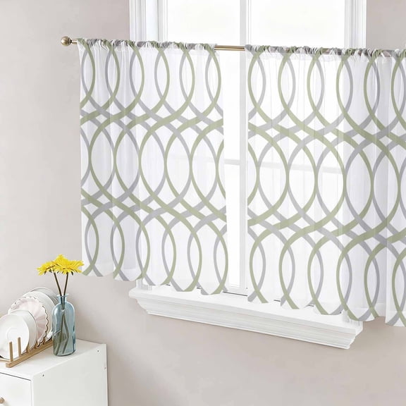 Sheer Curtains 45 Inch Length 2 Panels Set for Kitchen, Green Grey Geometric Semi Sheer Curtains for Windows, Abstract Modern Twisted Lines Art Voile Window Treatments Rod Pocket Curtain