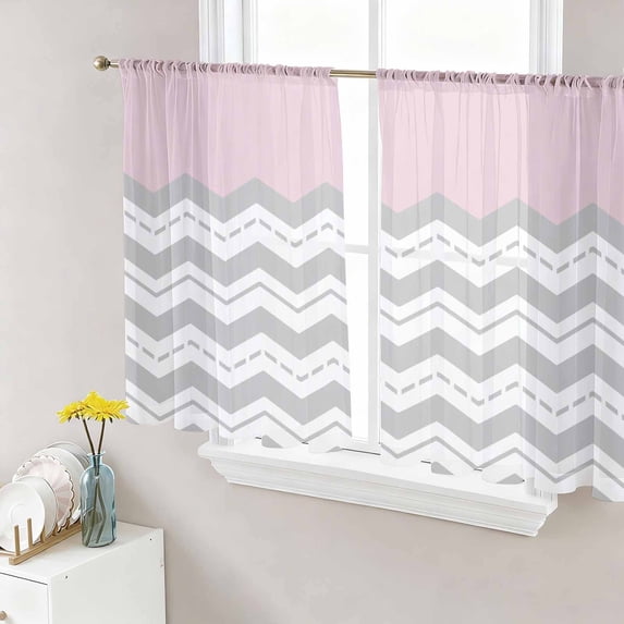 Sheer Curtains 45 Inch Length 2 Panels Set for Kitchen, Grey Chevron Semi Sheer Curtains for Windows, Geometric Pink Print Wavy Striped White Voile Window Treatments Rod Pocket Curtain