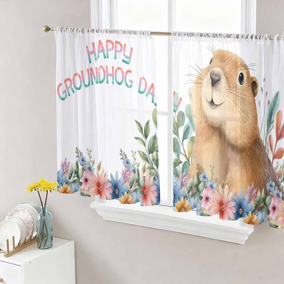 Sheer Curtains 45 Inch Length 2 Panels Set for Kitchen, Ground Rat Flower Bushes Rustic Leaves Semi Sheer Curtains for Windows, Happy Groundhog Day Voile Window Treatments Rod Pocket Curtain