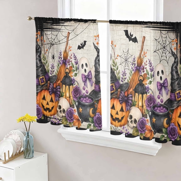 Sheer Curtains 45 Inch Length 2 Panels Set for Kitchen, Halloween Semi Sheer Curtains for Windows, Fall Pumpkins Ghost Floral Bats Witch Hat Beige Voile Window Treatments Rod Pocket Curtain