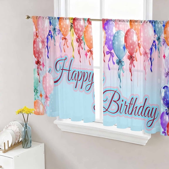 Sheer Curtains 45 Inch Length 2 Panels Set for Kitchen, Happy Birthday Semi Sheer Curtains for Windows, Colorful Balloons Bow Gradient Modern Blue Voile Window Treatments Rod Pocket Curtain