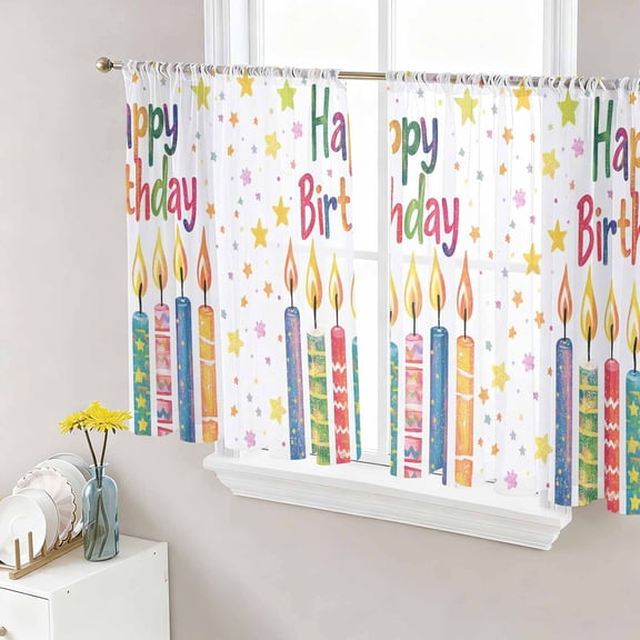 Sheer Curtains 45 Inch Length 2 Panels Set for Kitchen, Happy Birthday Semi Sheer Curtains for Windows, Colorful Star Funny Celebration Voile Window Treatments Rod Pocket Curtain