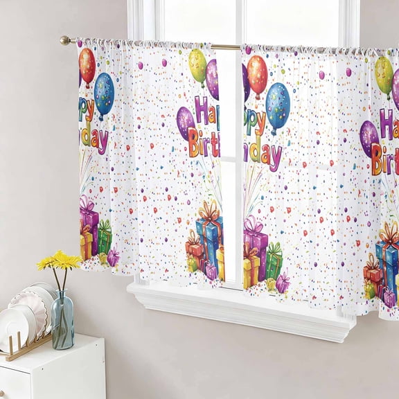 Sheer Curtains 45 Inch Length 2 Panels Set for Kitchen, Happy Birthday Semi Sheer Curtains for Windows, Watercolor Balloon Gifts Patterns Voile Window Treatments Rod Pocket Curtain