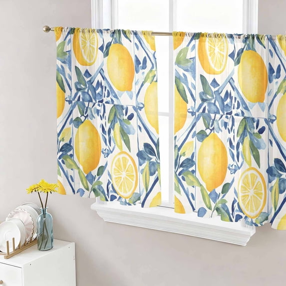 Sheer Curtains 45 Inch Length 2 Panels Set for Kitchen, Lemon Fruit Semi Sheer Curtains for Windows, Spring Plants Abstract Blue Leaves Voile Window Treatments Rod Pocket Curtain