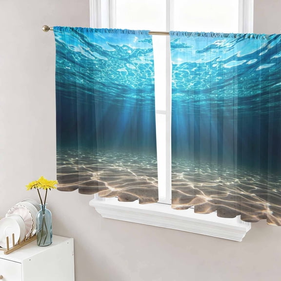 Sheer Curtains 45 Inch Length 2 Panels Set for Kitchen, Light Blue Ocean Waves Semi Sheer Curtains for Windows, Summer Beach Coastal Abstract Voile Window Treatments Rod Pocket Curtain
