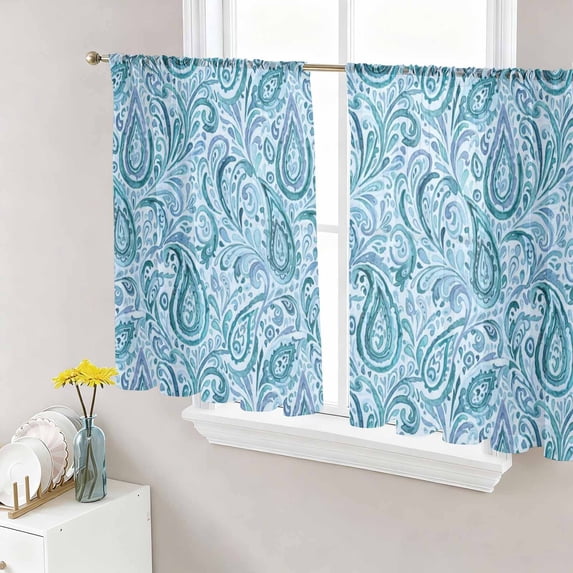 Sheer Curtains 45 Inch Length 2 Panels Set for Kitchen, Light Blue Teal Semi Sheer Curtains for Windows, Retro Botanical Abstract Art Voile Window Treatments Rod Pocket Curtain