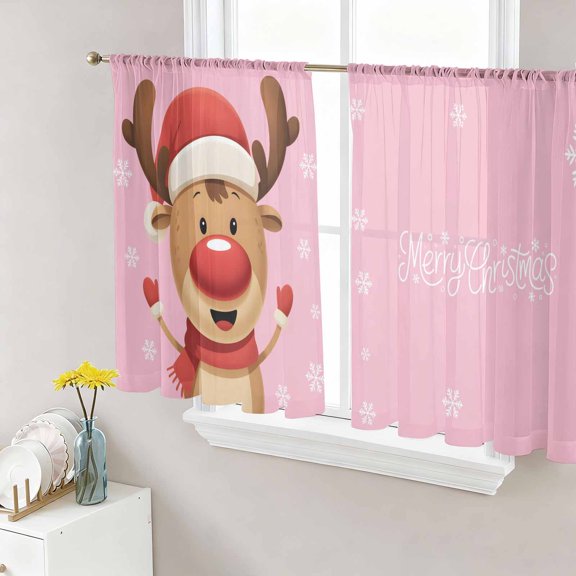 Sheer Curtains 45 Inch Length 2 Panels Set for Kitchen, Merry Christmas Semi Sheer Curtains for Windows, Pink Winter Xmas Hat Deer Snowflake Voile Window Treatments Rod Pocket Curtain