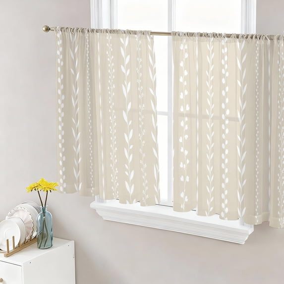 Sheer Curtains 45 Inch Length 2 Panels Set for Kitchen, Modern Minimalist Semi Sheer Curtains for Windows, Country Leaves Stripes Pattern Beige Voile Window Treatments Rod Pocket Curtain