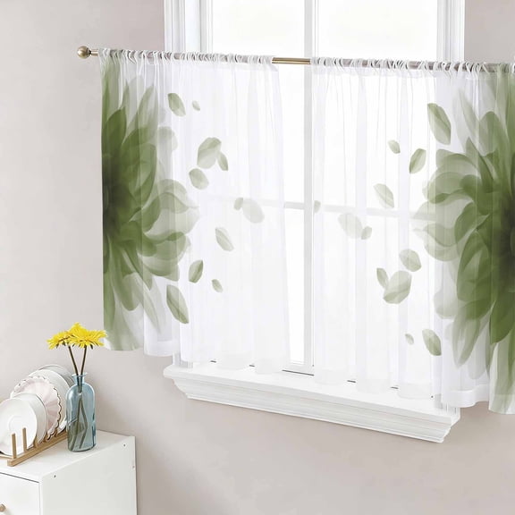 Sheer Curtains 45 Inch Length 2 Panels Set for Kitchen, Modern Sage Green Semi Sheer Curtains for Windows, Gradient Floral Abstract Bohemian White Voile Window Treatments Rod Pocket Curtain