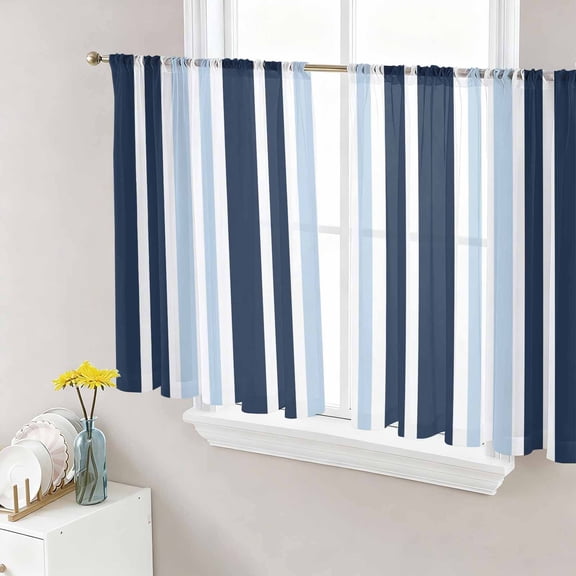 Sheer Curtains 45 Inch Length 2 Panels Set for Kitchen, Navy Blue Semi Sheer Curtains for Windows, Modern White Geometric Vertical Stripes Voile Window Treatments Rod Pocket Curtain