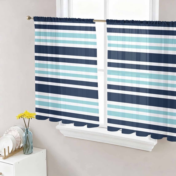 Sheer Curtains 45 Inch Length 2 Panels Set for Kitchen, Navy Blue Turquoise Striped Semi Sheer Curtains for Windows, Gradient Horizontal Lines Voile Window Treatments Rod Pocket Curtain