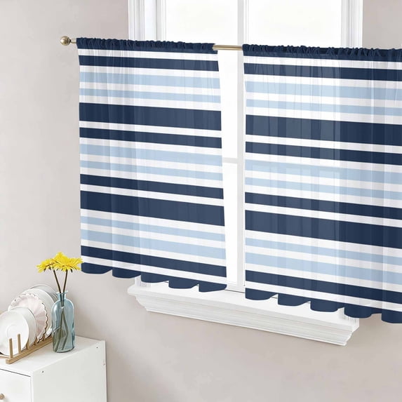 Sheer Curtains 45 Inch Length 2 Panels Set for Kitchen, Navy Sky Blue Ombre Striped Semi Sheer Curtains for Windows, Gradient Horizontal Lines Voile Window Treatments Rod Pocket Curtain