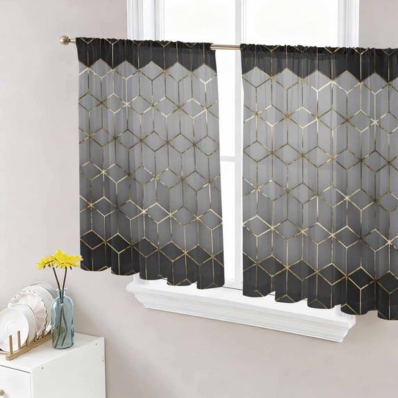 Sheer Curtains 45 Inch Length 2 Panels Set for Kitchen, Ombre Gray Geometric Semi Sheer Curtains for Windows, Modern Abstract Art Voile Window Treatments Rod Pocket Curtain