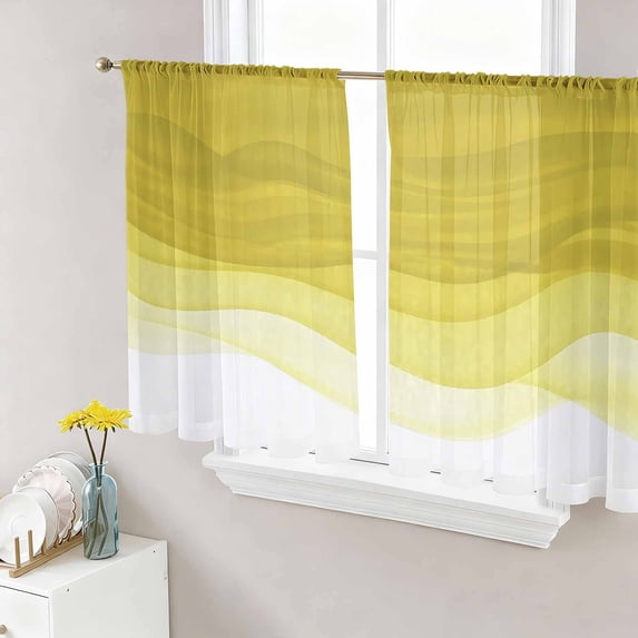 Sheer Curtains 45 Inch Length 2 Panels Set for Kitchen, Ombre Yellow Waves Semi Sheer Curtains for Windows, Abstract Art Gradient Modern Voile Window Treatments Rod Pocket Curtain