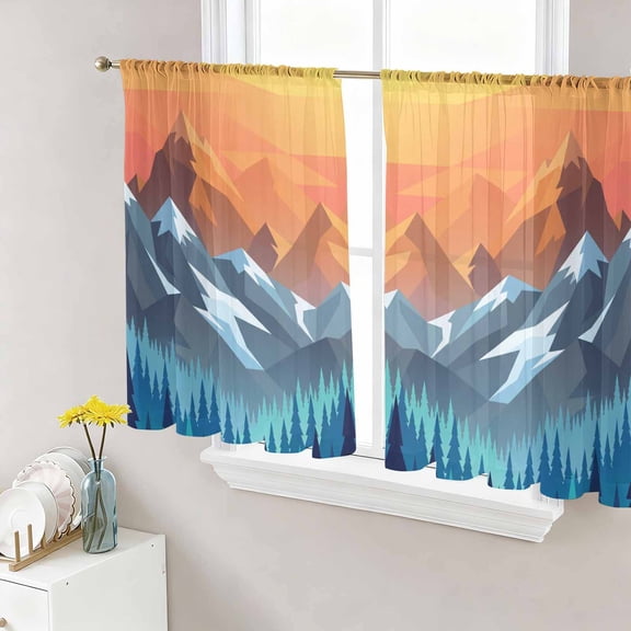 Sheer Curtains 45 Inch Length 2 Panels Set for Kitchen, Orange Mountain Semi Sheer Curtains for Windows, Farmhouse Blue Forest Trees Nature View Voile Window Treatments Rod Pocket Curtain