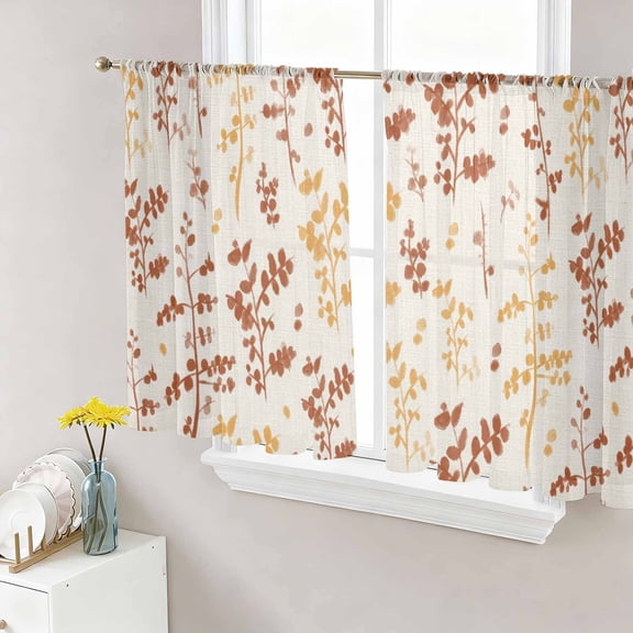 Sheer Curtains 45 Inch Length 2 Panels Set for Kitchen, Orange Yellow Botanical Semi Sheer Curtains for Windows, Rustic Country Spring Floral Summer Leaf Voile Window Treatments Rod Pocket Curtain