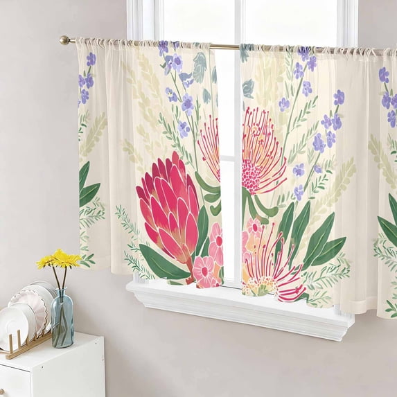 Sheer Curtains 45 Inch Length 2 Panels Set for Kitchen, Pastoral Flowers Semi Sheer Curtains for Windows, Spring Red Pink Floral Leaves Botanical Voile Window Treatments Rod Pocket Curtain