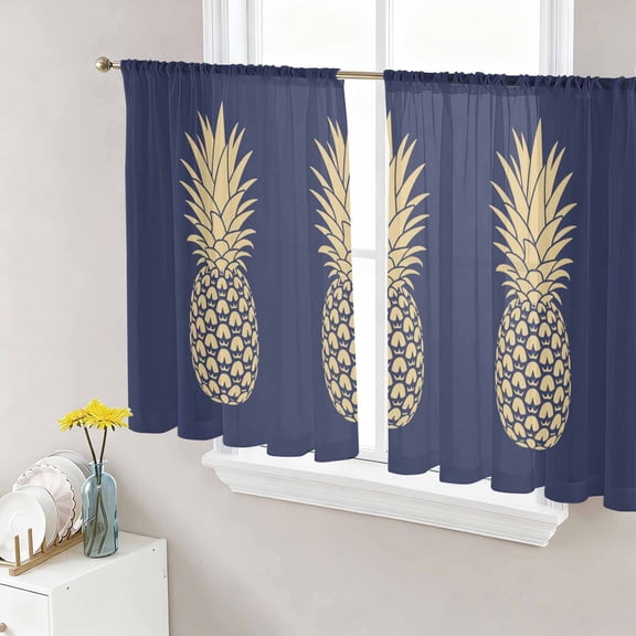 Sheer Curtains 45 Inch Length 2 Panels Set for Kitchen, Pineapple Semi Sheer Curtains for Windows, Gold Yellow Navy Blue Tropical Fruit Summer Voile Window Treatments Rod Pocket Curtain