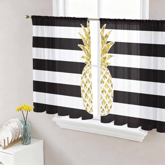 Sheer Curtains 45 Inch Length 2 Panels Set for Kitchen, Pineapple Semi Sheer Curtains for Windows, Modern Abstract Fruits Black White Stripe Voile Window Treatments Rod Pocket Curtain
