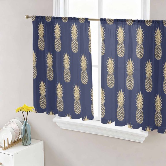 Sheer Curtains 45 Inch Length 2 Panels Set for Kitchen, Pineapple Semi Sheer Curtains for Windows, Yellow Fruit Navy Blue Summer Tropical Voile Window Treatments Rod Pocket Curtain