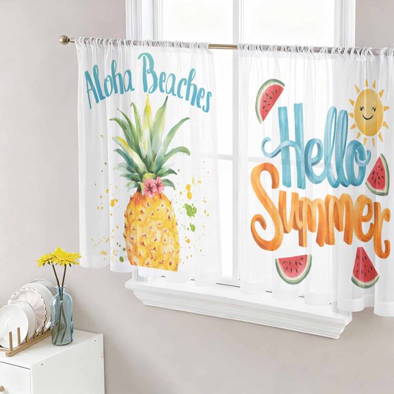 Sheer Curtains 45 Inch Length 2 Panels Set for Kitchen, Pineapple Watermelon Semi Sheer Curtains for Windows, Summer Modern Fruit Watercolor Voile Window Treatments Rod Pocket Curtain