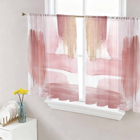 Sheer Curtains 45 Inch Length 2 Panels Set for Kitchen, Pink Abstract Art Semi Sheer Curtains for Windows, Contemporary Luxury Color Block Voile Window Treatments Rod Pocket Curtain