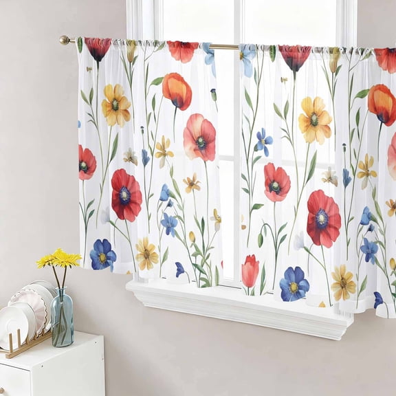 Sheer Curtains 45 Inch Length 2 Panels Set for Kitchen, Pink Colorful Poppy Semi Sheer Curtains for Windows, Spring Pastoral Flowers Leaves Voile Window Treatments Rod Pocket Curtain