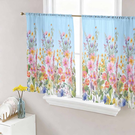 Sheer Curtains 45 Inch Length 2 Panels Set for Kitchen, Pink Flowers Semi Sheer Curtains for Windows, Spring Floral Daisy Pastoral Botanical Sky Blue Voile Window Treatments Rod Pocket Curtain