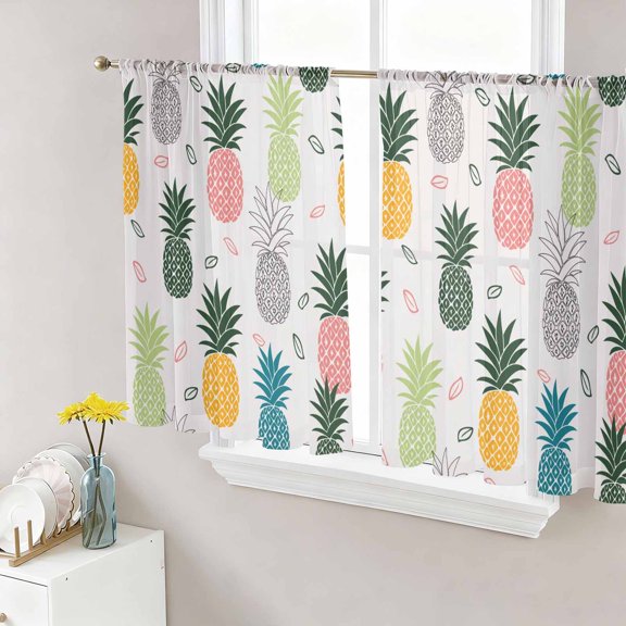 Sheer Curtains 45 Inch Length 2 Panels Set for Kitchen, Pink Green Pineapple Semi Sheer Curtains for Windows, Farmhouse Summer Botanical Watercolor Voile Window Treatments Rod Pocket Curtain