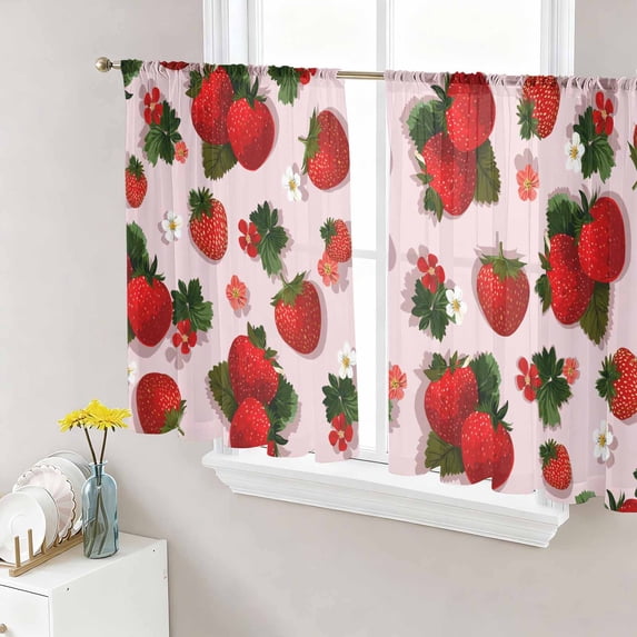 Sheer Curtains 45 Inch Length 2 Panels Set for Kitchen, Pink Strawberry Semi Sheer Curtains for Windows, Spring Floral Watercolor Summer Botanical Voile Window Treatments Rod Pocket Curtain