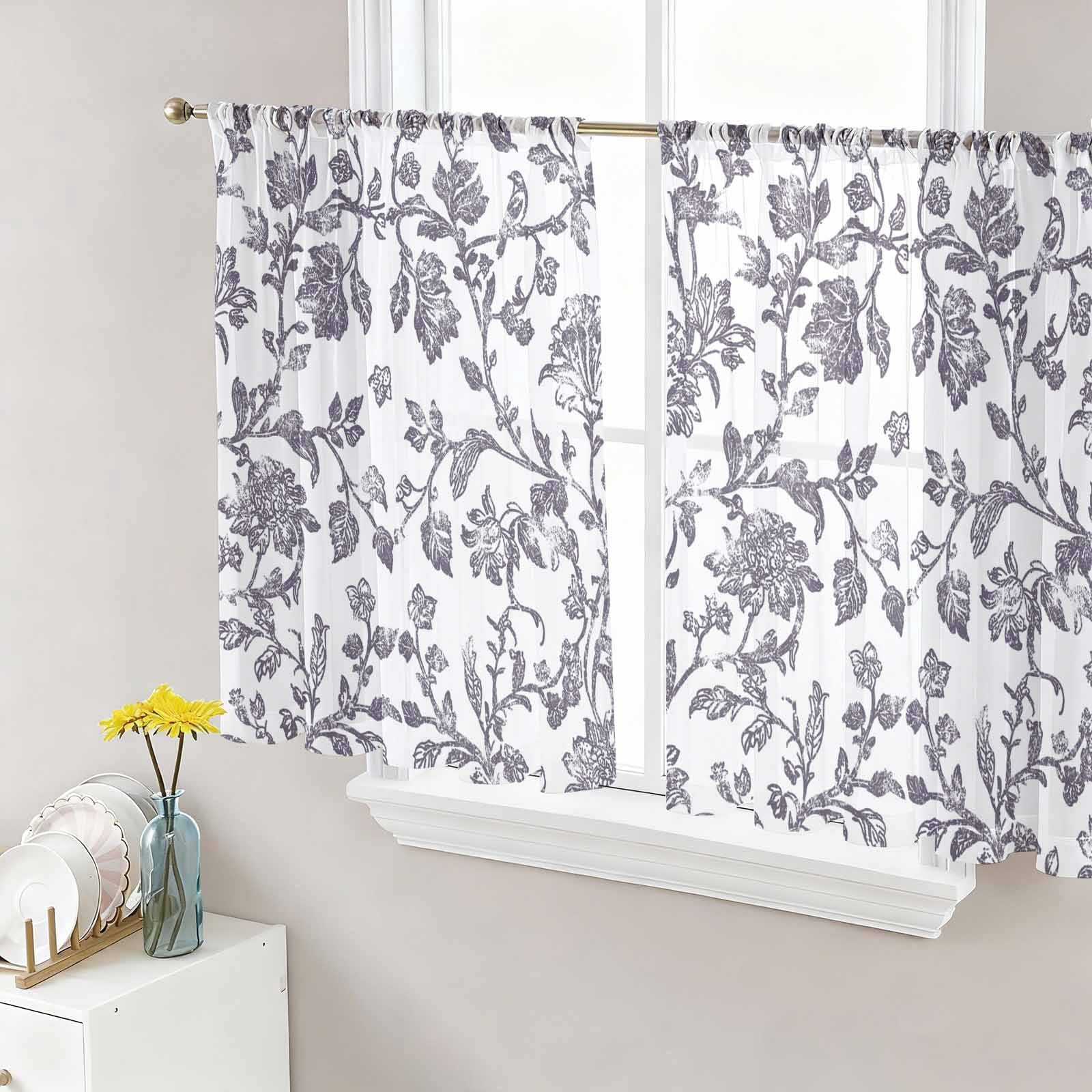 Sheer Curtains 45 Inch Length 2 Panels Set for Kitchen, Purple Flowers ...