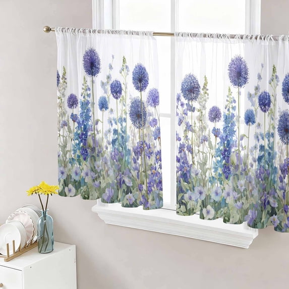 Sheer Curtains 45 Inch Length 2 Panels Set for Kitchen, Purple Flowers Semi Sheer Curtains for Windows, Spring Garden Floral Leaves Botanical Country Voile Window Treatments Rod Pocket Curtain