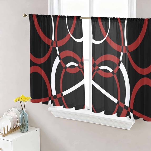 Sheer Curtains 45 Inch Length 2 Panels Set for Kitchen, Red Geometric Semi Sheer Curtains for Windows, Vintage Abstract Stripes Aesthetic Art Voile Window Treatments Rod Pocket Curtain