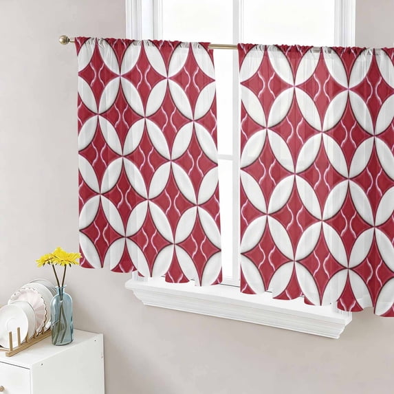 Sheer Curtains 45 Inch Length 2 Panels Set for Kitchen, Red Geometric Semi Sheer Curtains for Windows, Vintage Rhombus Circle Texture Voile Window Treatments Rod Pocket Curtain