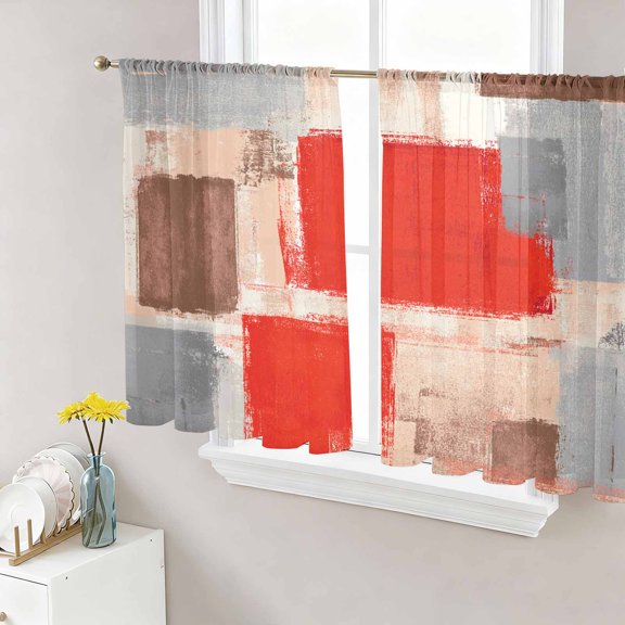 Sheer Curtains 45 Inch Length 2 Panels Set for Kitchen, Red Ombre Semi Sheer Curtains for Windows, Farmhouse Contemporary Abstract Checked Voile Window Treatments Rod Pocket Curtain