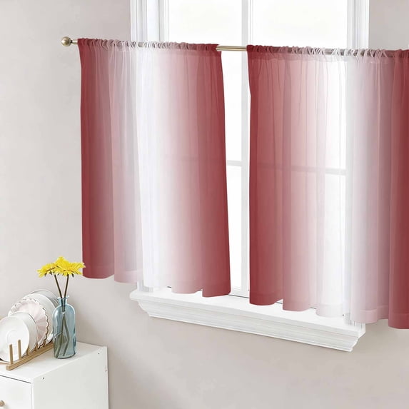 Sheer Curtains 45 Inch Length 2 Panels Set for Kitchen, Red White Ombre Semi Sheer Curtains for Windows, Farmhouse Chic Minimalist Gradient Art Voile Window Treatments Rod Pocket Curtain