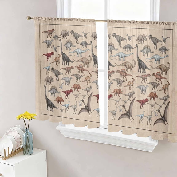 Sheer Curtains 45 Inch Length 2 Panels Set for Kitchen, Retro Dinosaurs Semi Sheer Curtains for Windows, Vintage Primitive Wild Animals Brown Voile Window Treatments Rod Pocket Curtain