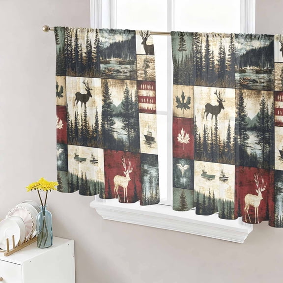 Sheer Curtains 45 Inch Length 2 Panels Set for Kitchen, Rustic Forest Semi Sheer Curtains for Windows, Reindeer Pine Tree Nautical Boat Retro Voile Window Treatments Rod Pocket Curtain