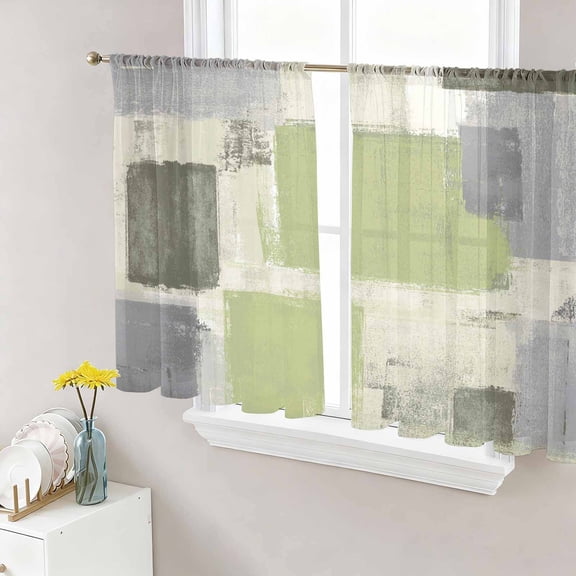 Sheer Curtains 45 Inch Length 2 Panels Set for Kitchen, Sage Green Ombre Semi Sheer Curtains for Windows, Retro Abstract Mottled Geometric Voile Window Treatments Rod Pocket Curtain