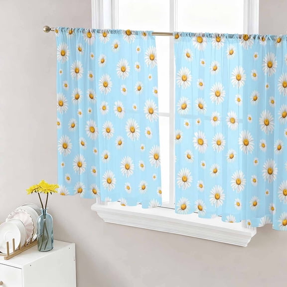 Sheer Curtains 45 Inch Length 2 Panels Set for Kitchen, Spring Floral Daisy Semi Sheer Curtains for Windows, Blue Elegant Pastoral Flowers Watercolor Voile Window Treatments Rod Pocket Curtain