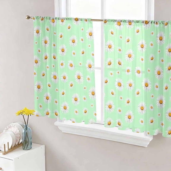Sheer Curtains 45 Inch Length 2 Panels Set for Kitchen, Spring Floral Daisy Semi Sheer Curtains for Windows, Sage Green Elegant Pastoral Flowers Voile Window Treatments Rod Pocket Curtain