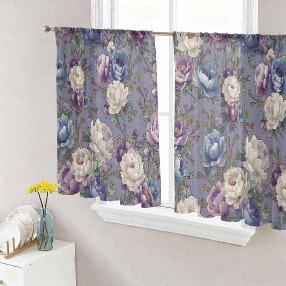 Sheer Curtains 45 Inch Length 2 Panels Set for Kitchen, Spring Flowers Semi Sheer Curtains for Windows, Farmhouse Retro Botanical Purple Blue Floral Voile Window Treatments Rod Pocket Curtain