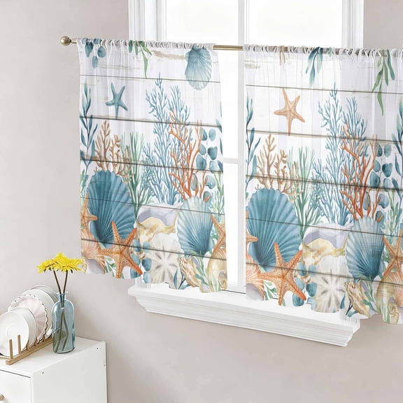 Sheer Curtains 45 Inch Length 2 Panels Set for Kitchen, Teal Blue Coastal Semi Sheer Curtains for Windows, Summer Beach Starfish Shell Coral Nautical Vintage Voile Window Treatments Curtain
